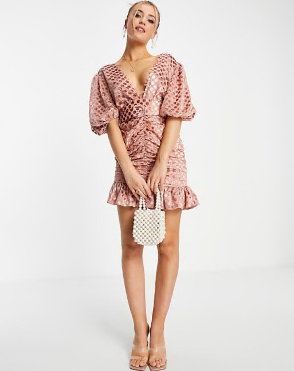 ASOS Pink Velvet Polka Dot Deep V Neck Belted Mini Dress Short Puff Sleeve Sz 2